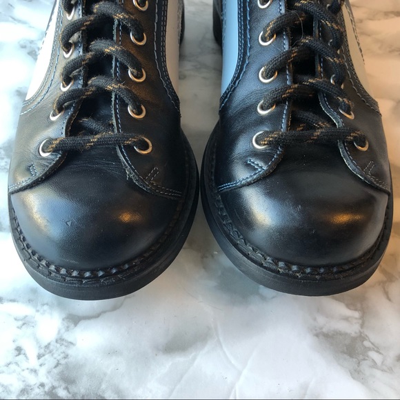 John Fluevog Black Chunky Platform Lace Up Combat Boots with Blue Angle Stripe - Picture 4 of 16